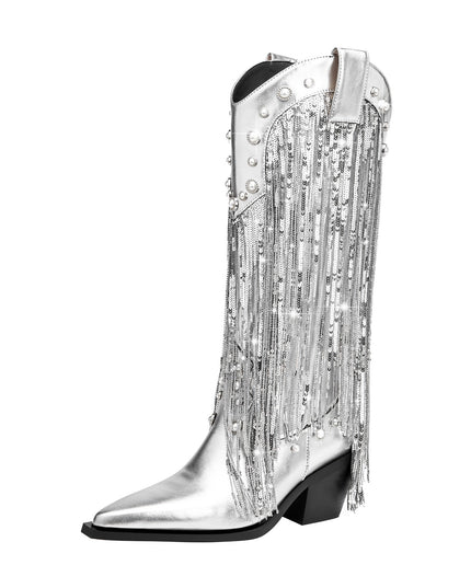 Silver Fringe Cowboy Knee High Boots-2