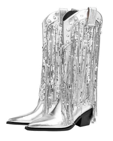 Silver Fringe Cowboy Knee High Boots-3
