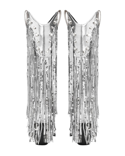 Silver Fringe Cowboy Knee High Boots-4