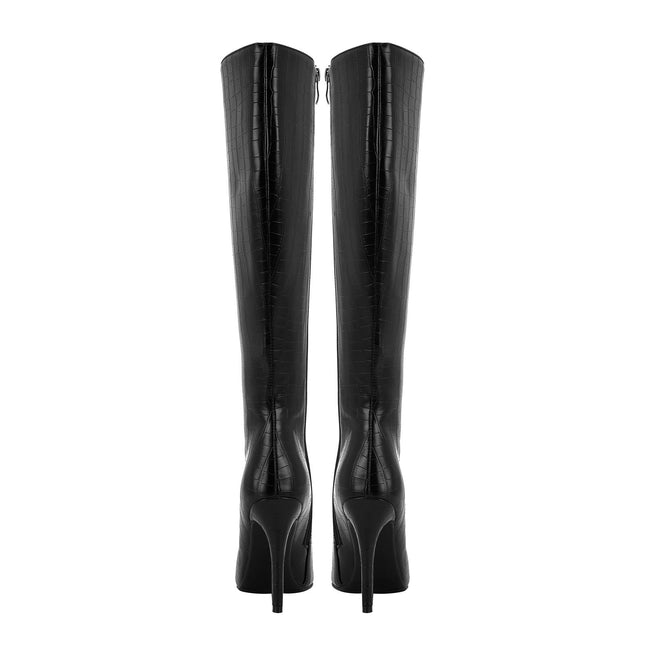 Sleek Black Leather Pointed Knee High Boots-4
