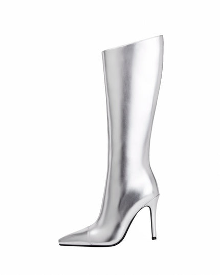 Sleek Silver Metallic Pointed Knee High Boots-0
