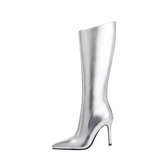 Sleek Silver Metallic Pointed Knee High Boots-0