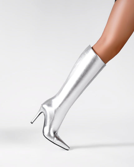 Sleek Silver Metallic Pointed Knee High Boots-1
