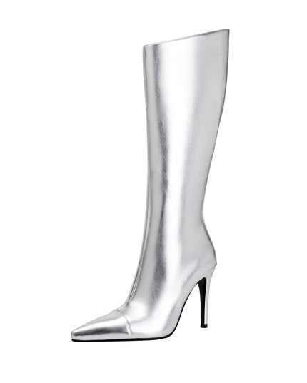 Sleek Silver Metallic Pointed Knee High Boots-2