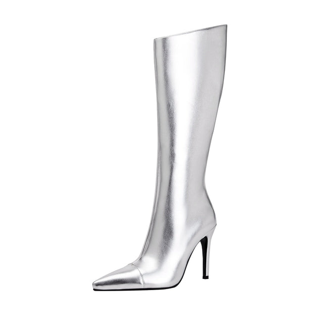 Sleek Silver Metallic Pointed Knee High Boots-2