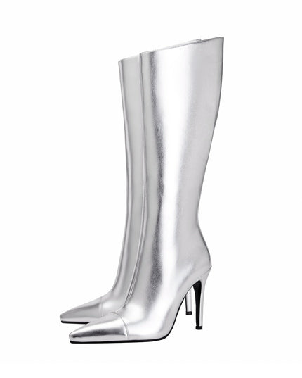 Sleek Silver Metallic Pointed Knee High Boots-3
