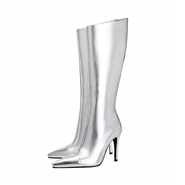 Sleek Silver Metallic Pointed Knee High Boots-3