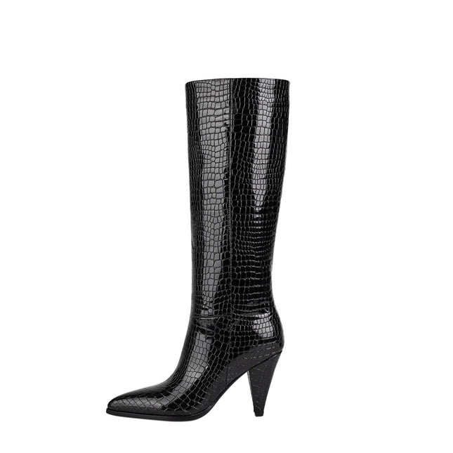Sleek Textured Black Knee High Boots-0