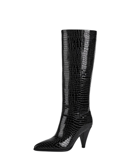 Sleek Textured Black Knee High Boots-2