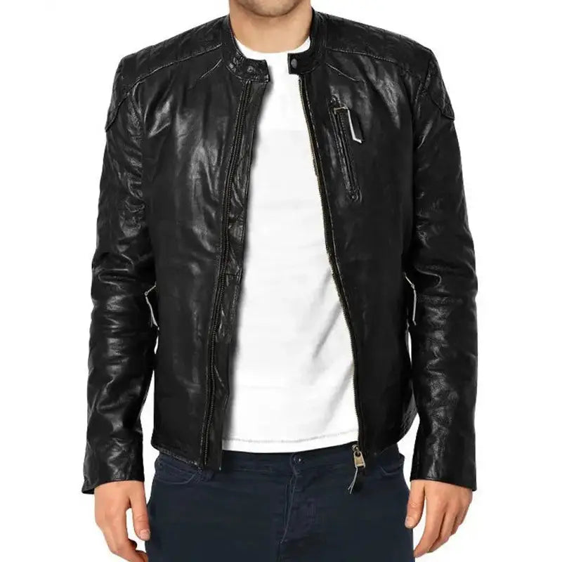 Men’s Slim Fit Black Leather Biker Jacket-0