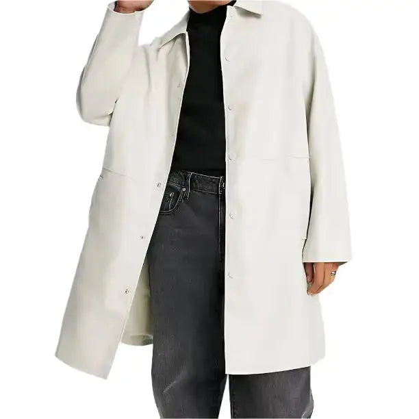 Mens White Cow Leather Trench Coat-0