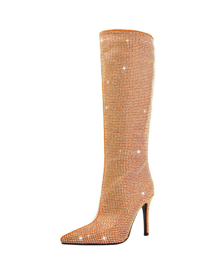 Sparkly Crystal Embellished Pointed Toe Knee High Boots-1