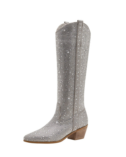 Sparkly Silver Rhinestone Cowgirl Knee High Boots-1
