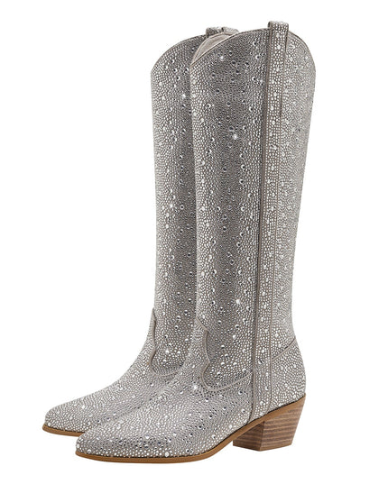 Sparkly Silver Rhinestone Cowgirl Knee High Boots-2