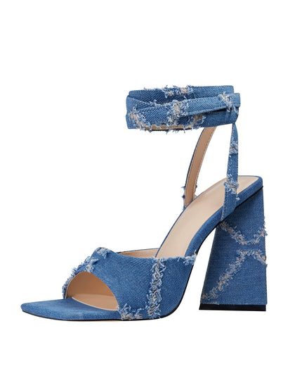 Square Toe Diamond Pattern Denim Ankle Strap Sandals-3