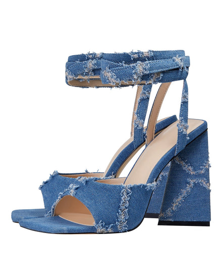 Square Toe Diamond Pattern Denim Ankle Strap Sandals-4