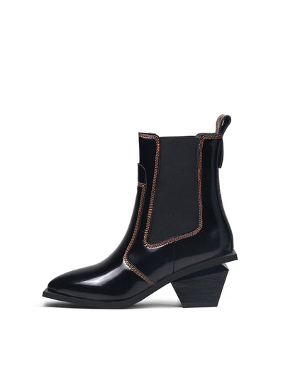 Stitch Pattern Black Leather Boots-0