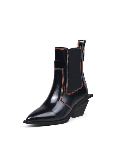 Stitch Pattern Black Leather Boots-1