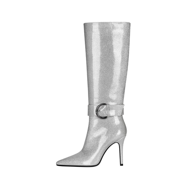Stylish Silver Side Buckle Knee High Boots-0