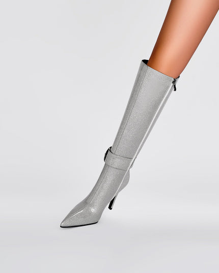 Stylish Silver Side Buckle Knee High Boots-2