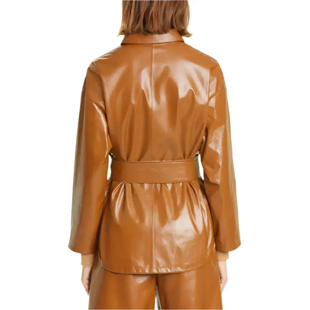 Women’s Tan Brown Leather Belted Shirt Jacket-1