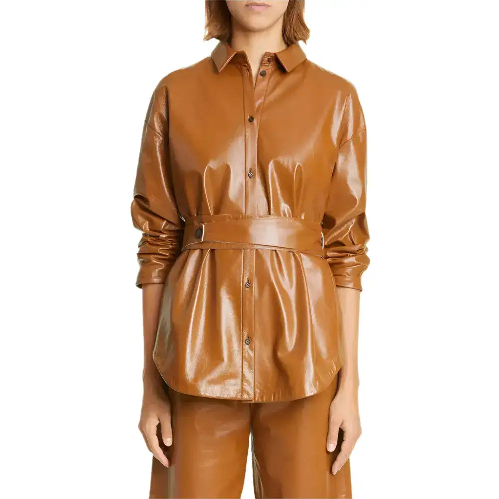 Women’s Tan Brown Leather Belted Shirt Jacket-0