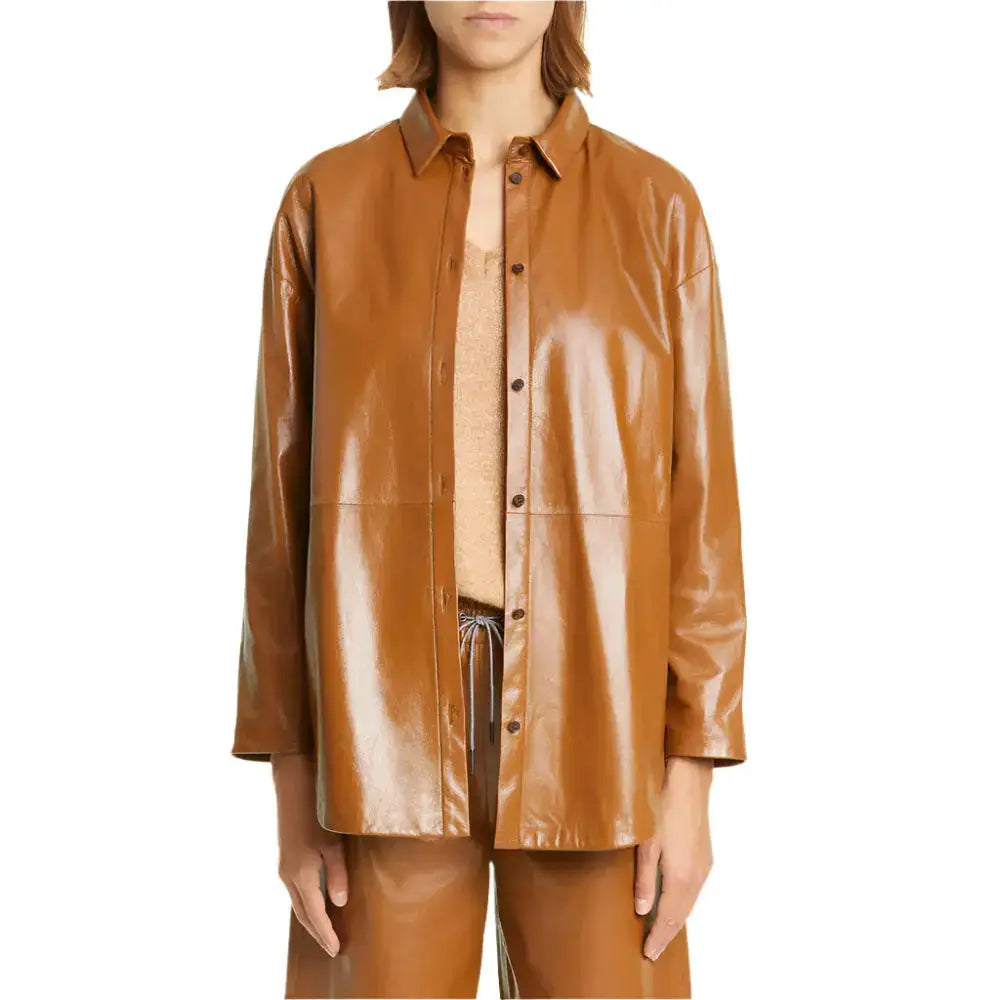 Women’s Tan Brown Leather Belted Shirt Jacket-2