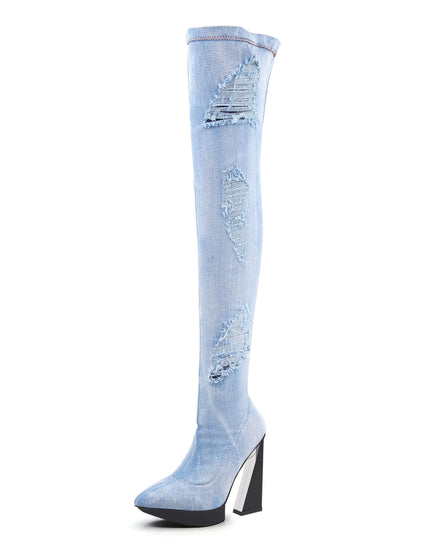 Tattered Light Denim Over-the-knee Boots-1