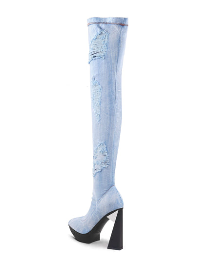 Tattered Light Denim Over-the-knee Boots-3