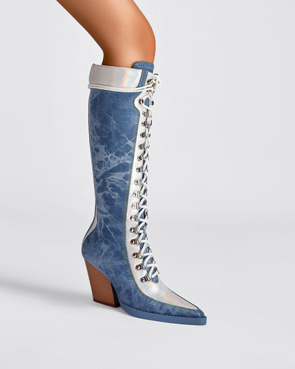 Texas Denim Lace Up Knee High Boots-1