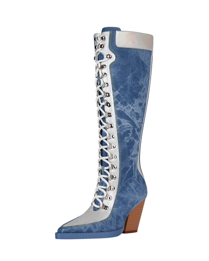 Texas Denim Lace Up Knee High Boots-2