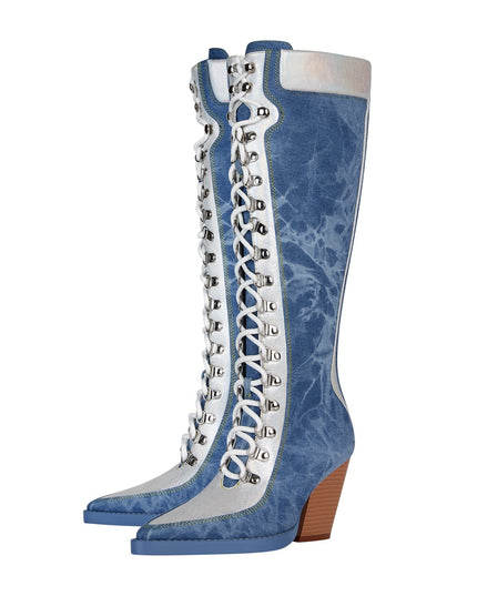 Texas Denim Lace Up Knee High Boots-3