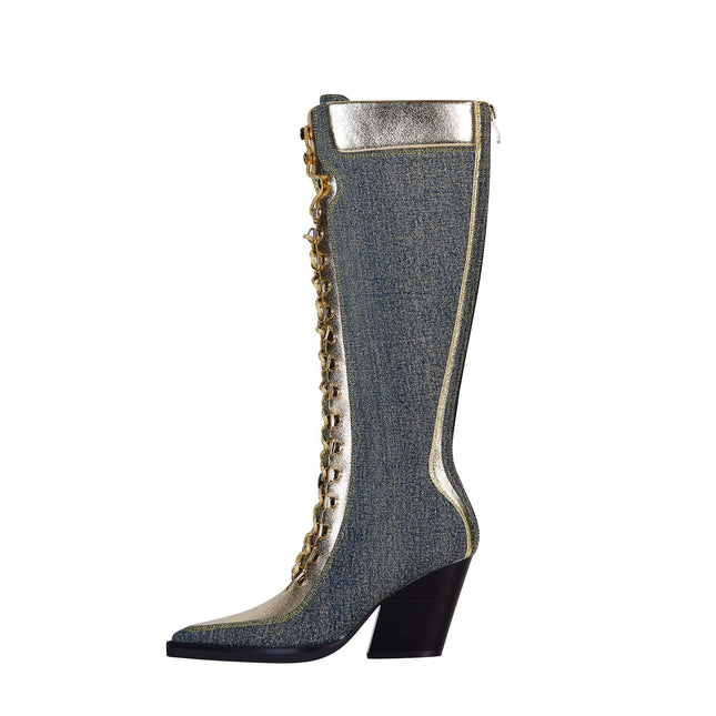 Texas Denim Lace Up Knee High Boots-5