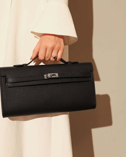 Top-Handle Leather Clutch Bag with Silver Hardware-0