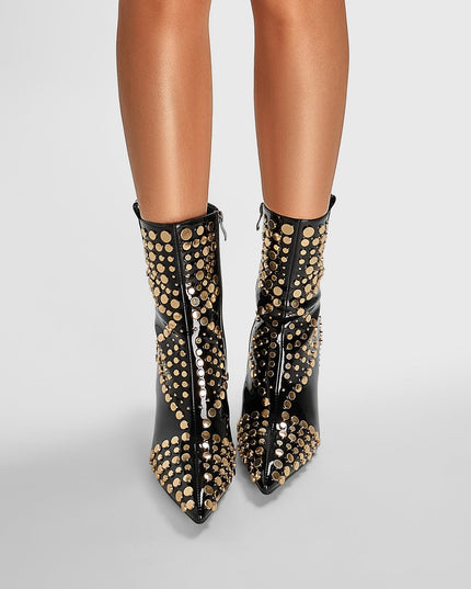 Tribal Rivet Stonehenge Heel Pointed Toe Ankle Boots-2