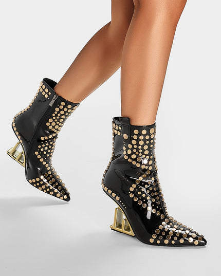 Tribal Rivet Stonehenge Heel Pointed Toe Ankle Boots-3