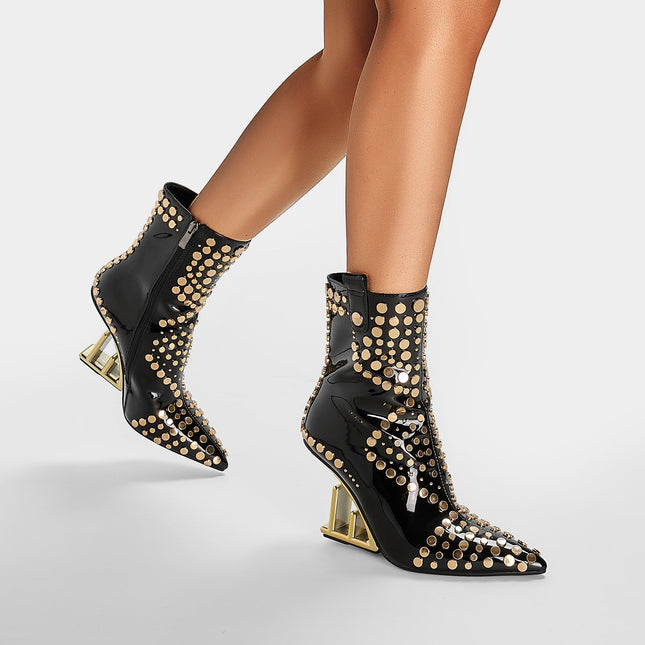 Tribal Rivet Stonehenge Heel Pointed Toe Ankle Boots-3