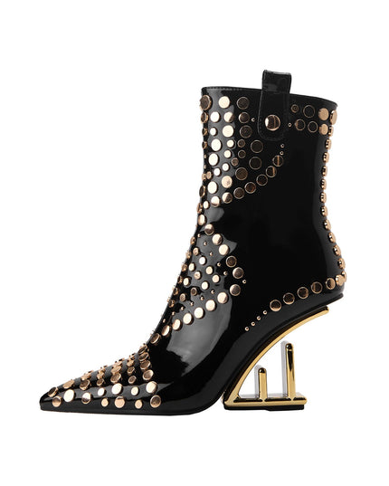 Tribal Rivet Stonehenge Heel Pointed Toe Ankle Boots-4