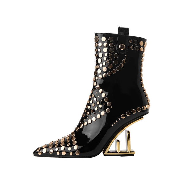 Tribal Rivet Stonehenge Heel Pointed Toe Ankle Boots-4