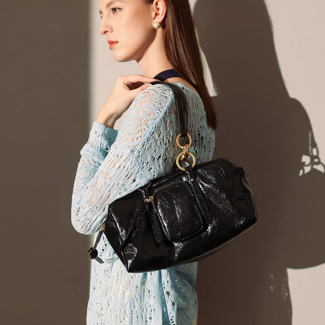 Two Way Shiny Wrinkled Leather Shoulder Bag-2