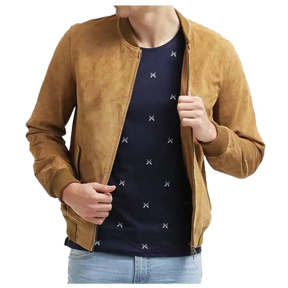 Mens Tan Suede Leather Bomber Jacket-2
