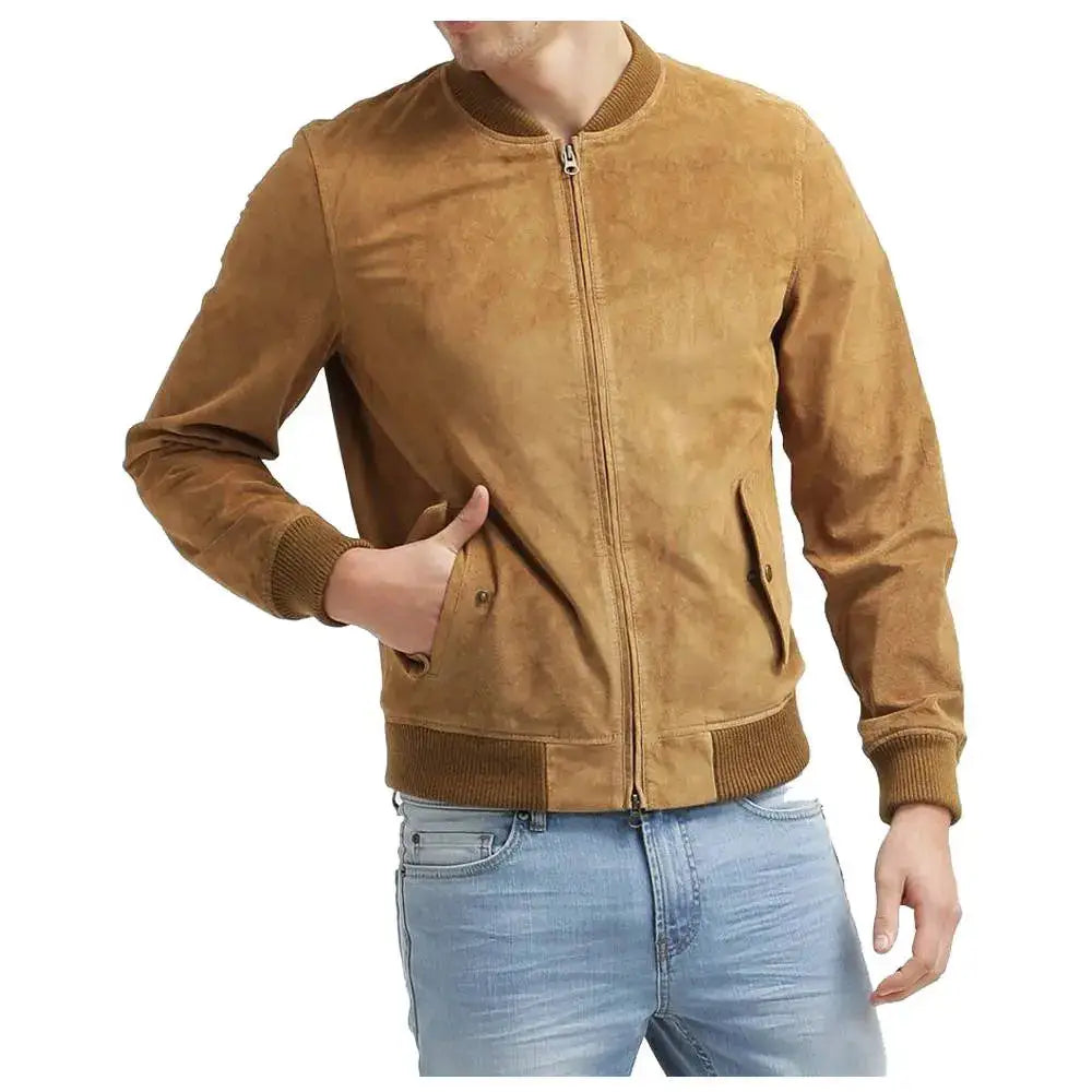 Mens Tan Suede Leather Bomber Jacket-1