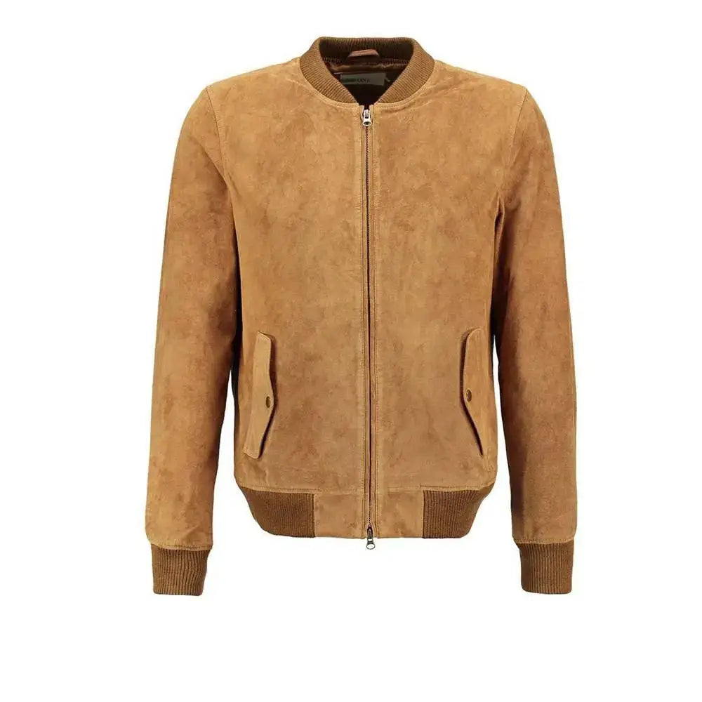 Mens Tan Suede Leather Bomber Jacket-0