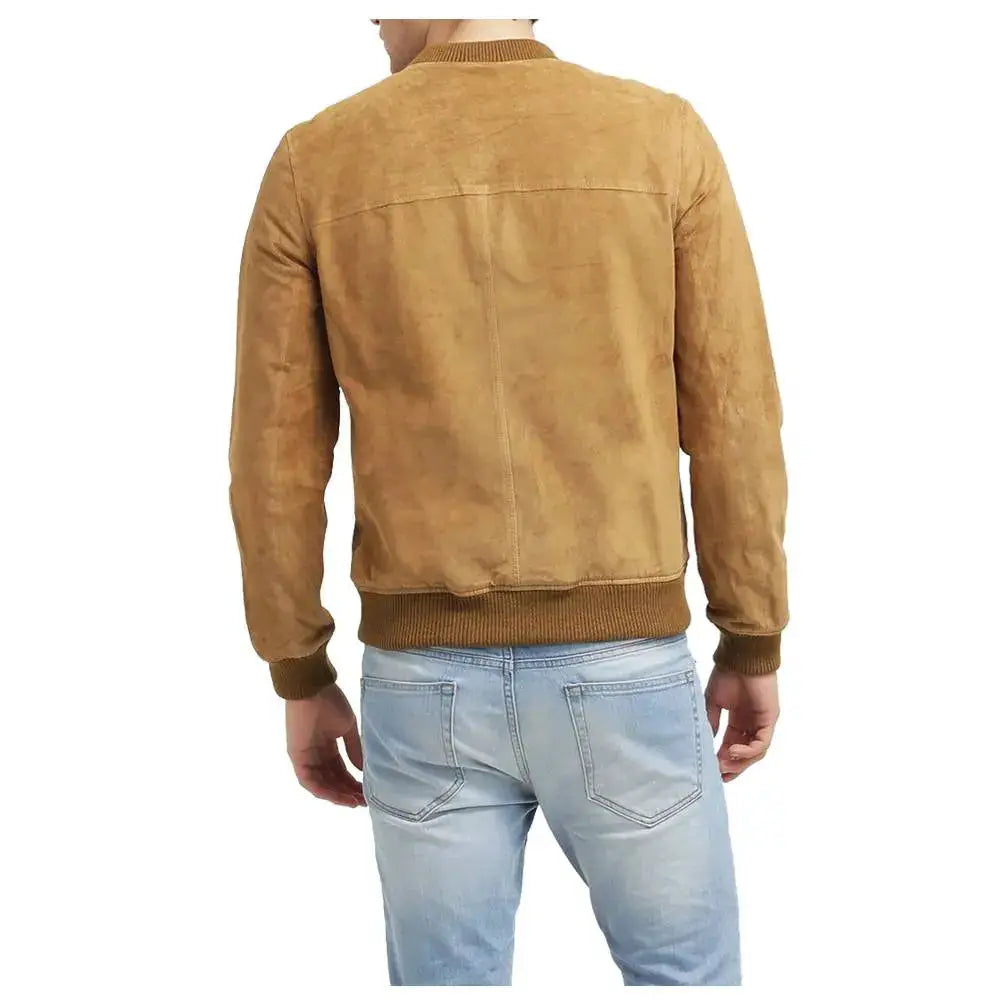 Mens Tan Suede Leather Bomber Jacket-3