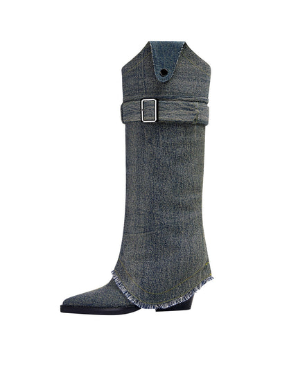 Washed Out Denim High Boots with Detachable Sleeves-0