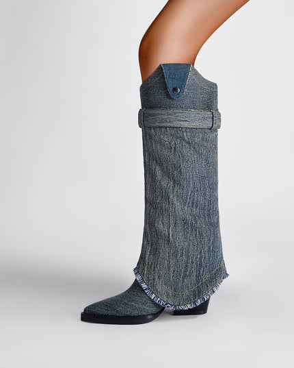 Washed Out Denim High Boots with Detachable Sleeves-1