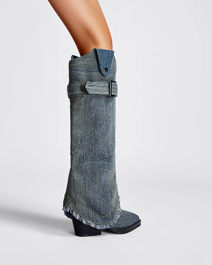 Washed Out Denim High Boots with Detachable Sleeves-2