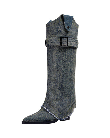 Washed Out Denim High Boots with Detachable Sleeves-3