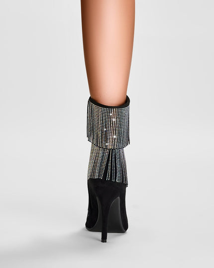 Waterfall Fringe Black Pointed Toe Stiletto Boots-1