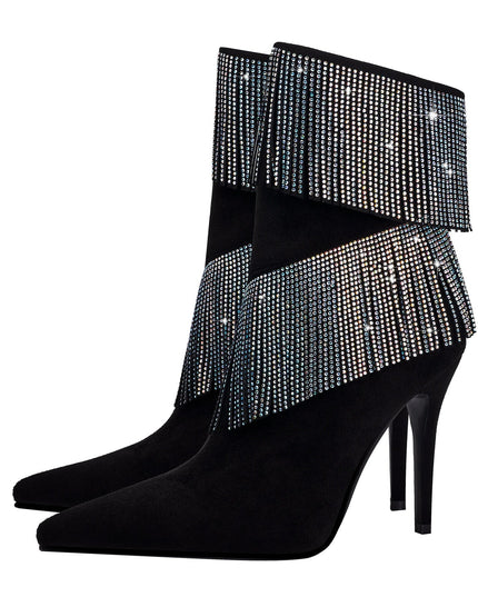 Waterfall Fringe Black Pointed Toe Stiletto Boots-4